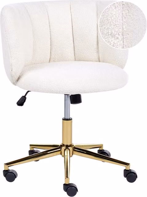 Sedia da scrivania BELIANI in tessuto bouclé bianco con base girevole in metallo e ruote, regolabile in altezza, stile glamour per ufficio o casa, L: 60 cm, P: 64 cm, H: 120 cm