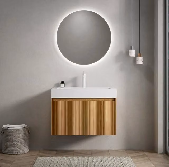 Mobile bagno sospeso con lavabo integrato in resina; cassetto LED soft-close; rovere naturale e bianco