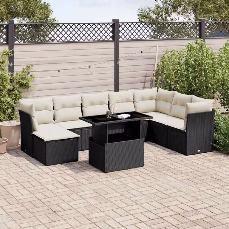vidaXL Set Divani da Giardino a L 9 pz con Cuscini e Tavolino, Polyrattan e Acciaio Nero