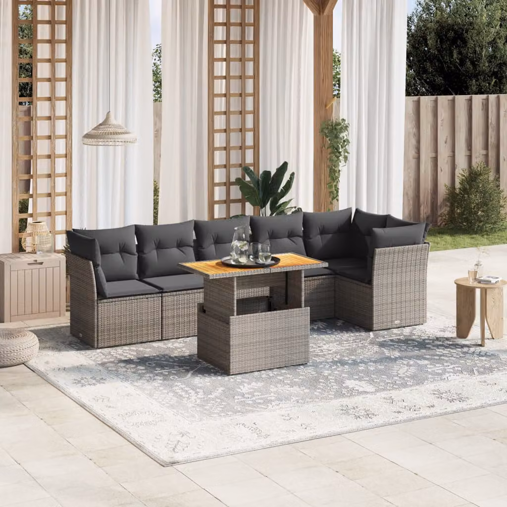 vidaXL Set Divani da Giardino 7 pz in Polyrattan Grigio con Cuscini e Tavolino – 1