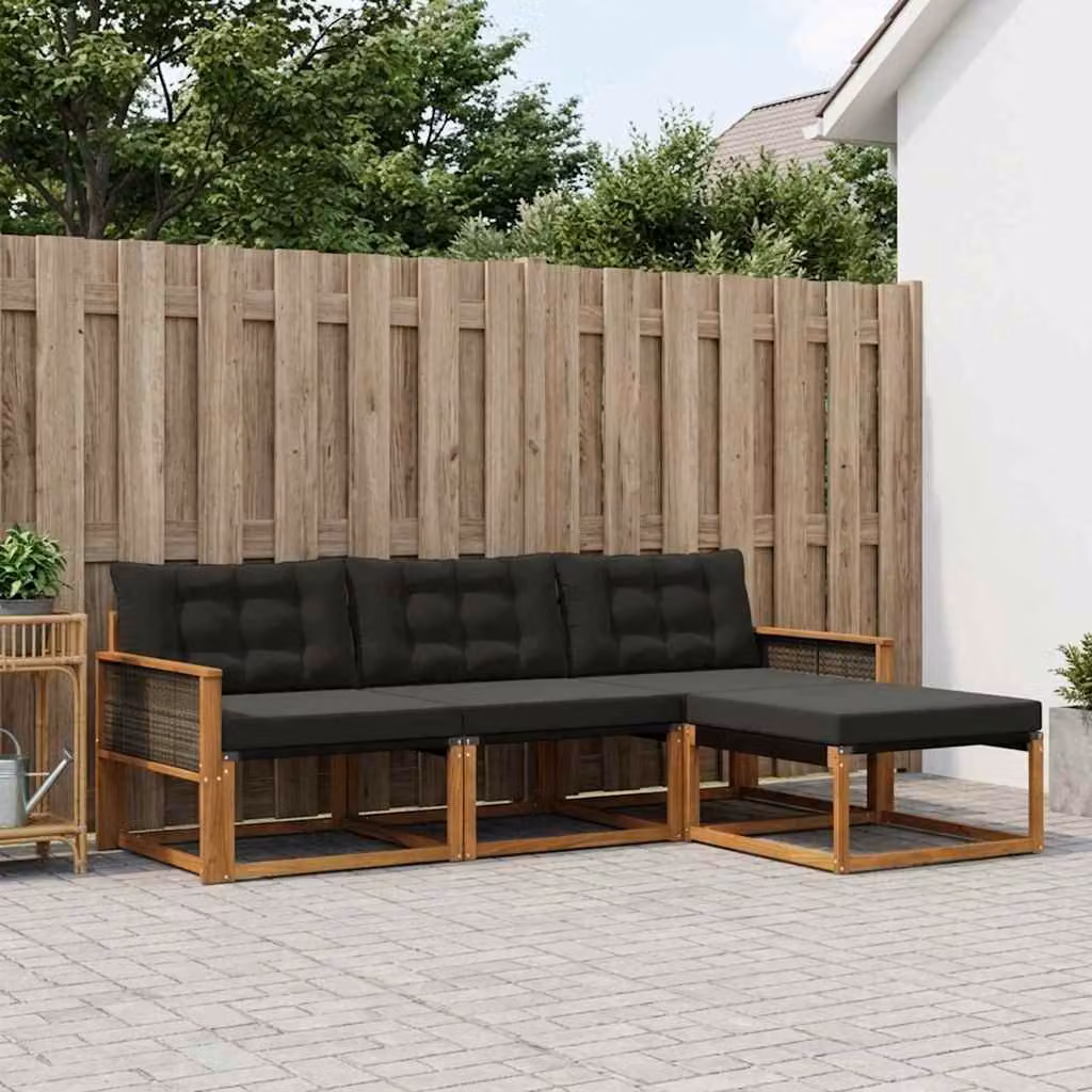 Set di divani da esterno vidaXL 4 pezzi in legno di acacia con cuscini, componibile a L, colore naturale e nero