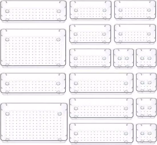 Sistema di organizzazione per cassetti da 17 pezzi, organizer per cassetti a 4 scomparti, plastica trasparente, per scrivanie, cassettiere, organizer per cosmetici, trucchi e gioielli, camera da letto, bagno, ufficio, cucina