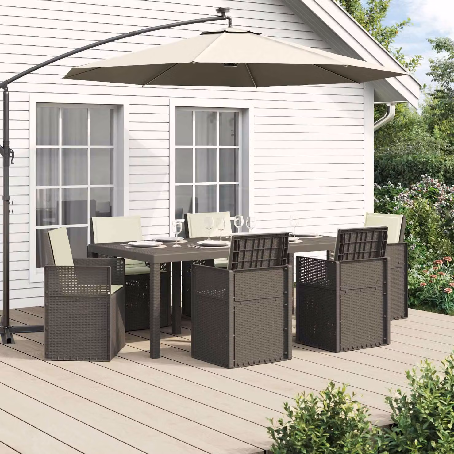 Maison Exclusive - Set da pranzo per esterno, 7 pezzi, color grigio chiaro e crema, materiale PP
