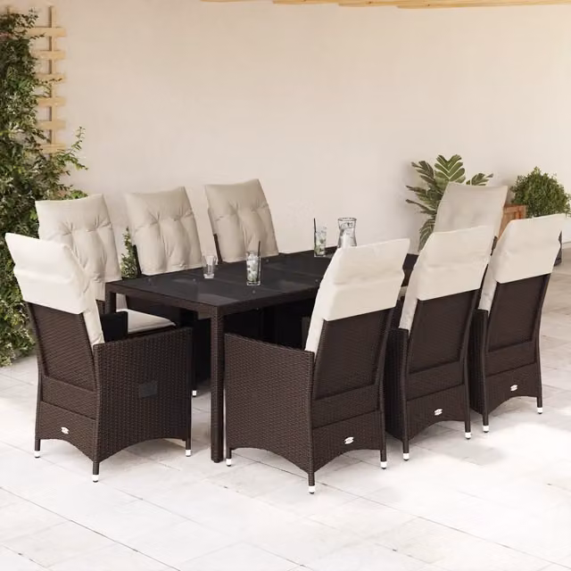 Set da pranzo da giardino vidaXL in polyrattan marrone e bianco con cuscini e piano in vetro, 9 pezzi – 1