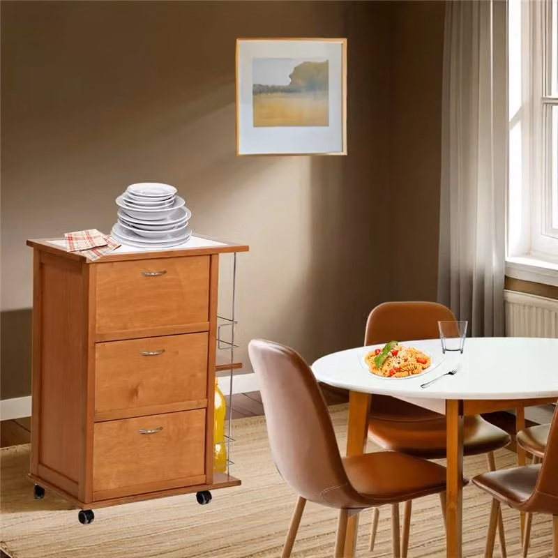 Mobiletto Vesuvio con 3 ante e portabottiglie in rovere e faggio, base in betulla e piano in ceramica, colore marrone – 2