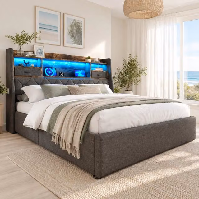 Letto matrimoniale contenitore 160 × 200 cm con rete a doghe in lino grigio testiera LED e ricarica USB Type-C
