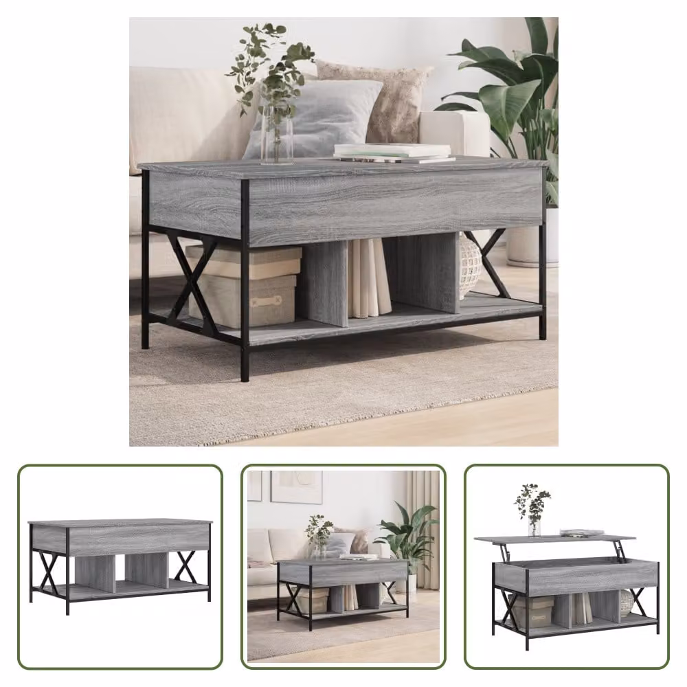 The Living Store Tavolino Grey Sonoma 100x55x50 cm Materiale a base di legno e metallo