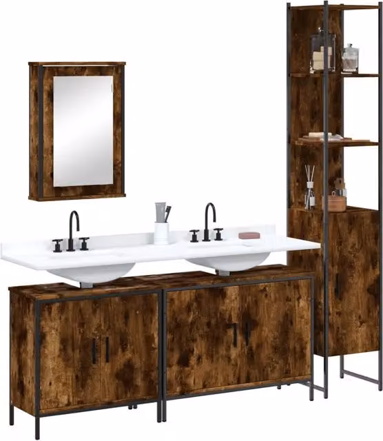 Set di mobili da bagno industrial vidaXL in legno e metallo colore marrone con armadietto specchio, mobile lavabo e colonna alta