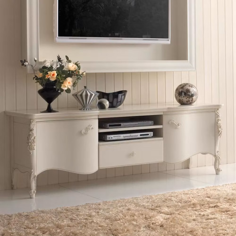 Porta TV Mobili 2G in legno bianco con 2 porte e 1 cassetto, stile classico, L: 182 cm, P: 52 cm, H: 64 cm – 2