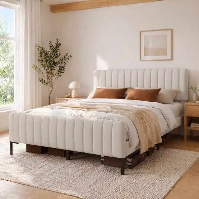 Letto matrimoniale imbottito 140 × 200 cm con rete a doghe testiera regolabile in legno lino e metallo grigio beige