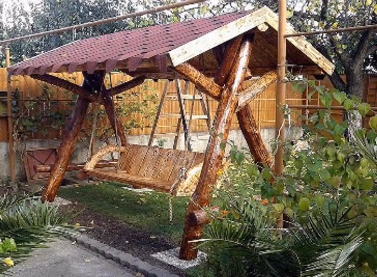 Casa Padrino, altalena da giardino rustica con copertura, modello Hollywood, design moderno S1 - legno massello di quercia - 280 x 180 x 160 cm