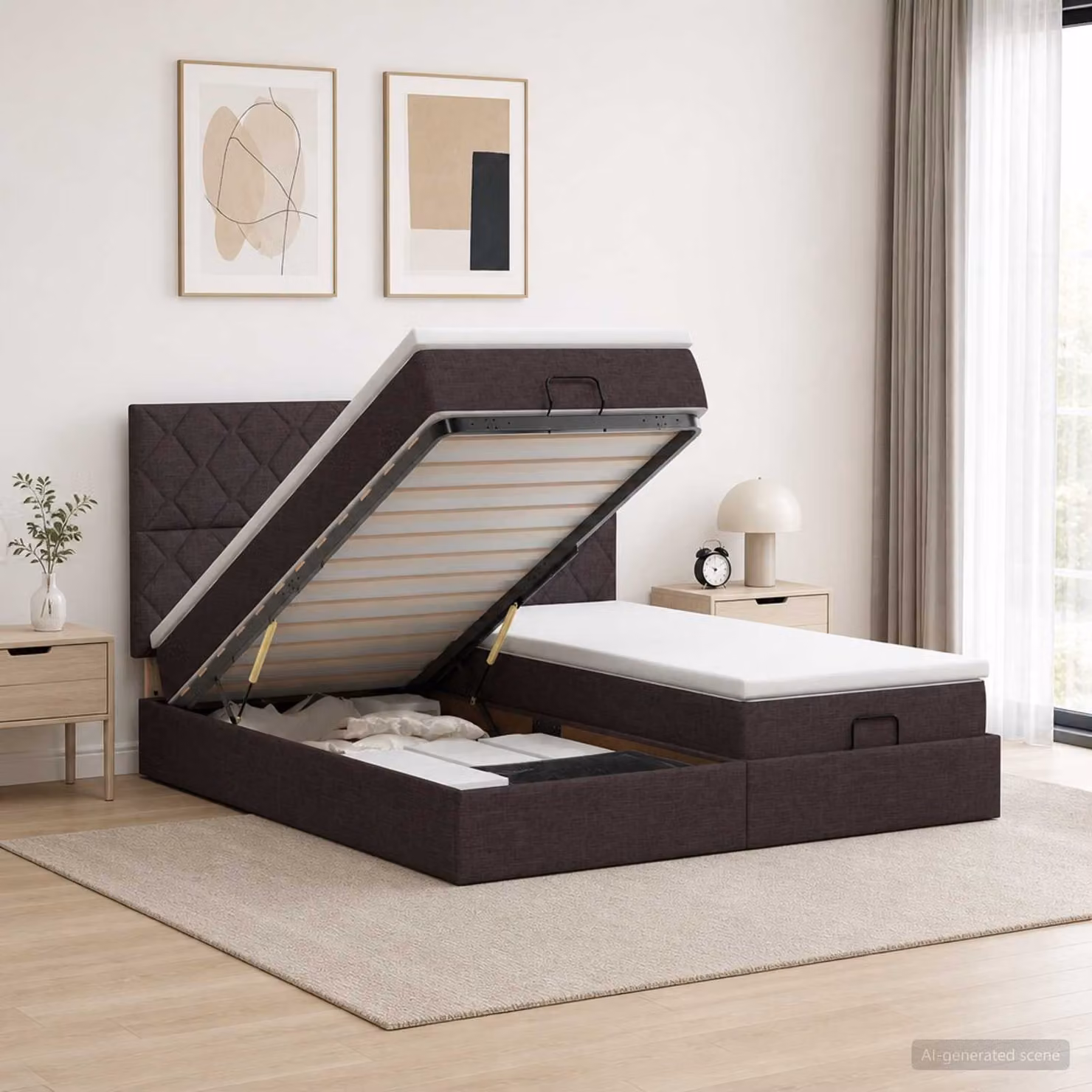 Letto ottomano con materasso vidaXL in tessuto marrone e bianco, L/P/H: 180 x 200 x 88 cm