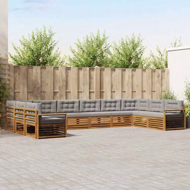 Set di divani da giardino a forma di L vidaXL in legno di acacia con cuscini grigi