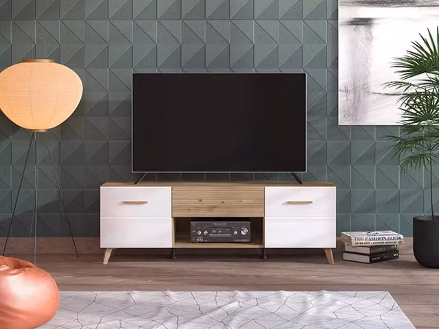 Mobile porta TV Morengo DMORA con un cassetto, design moderno in legno bianco e quercia, L: 147.5 cm, P: 41.5 cm, H: 49 cm – 1