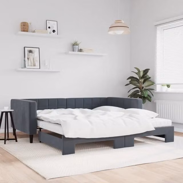 Divano Letto Estraibile vidaXL in Velluto Grigio con Cassettone, L/P/H: 223 x 110 x 68 cm, Materasso 100x200 cm – 1