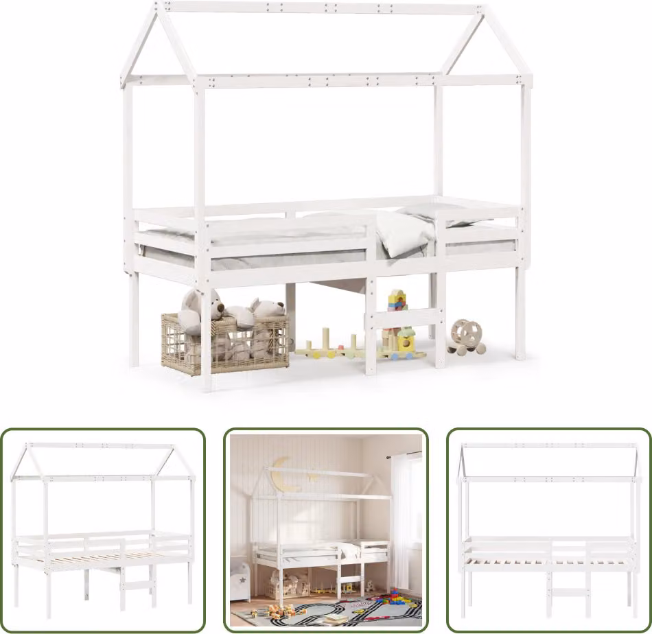 The Living Store Letto a soppalco con tetto bianco 90x200 cm in legno di pino massiccio