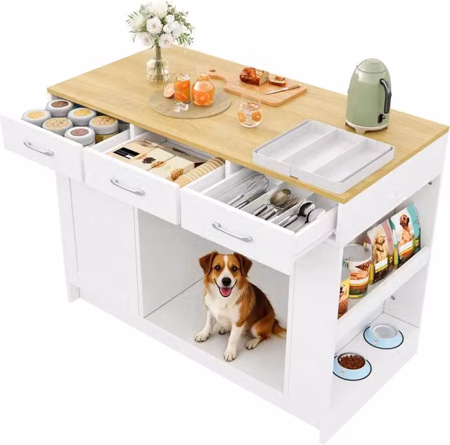 Mobile contenitore Chicfurn bianco con 3 cassetti, ripiano regolabile e area pet per cucina e soggiorno L: 120 cm, P: 60 cm, H: 90 cm