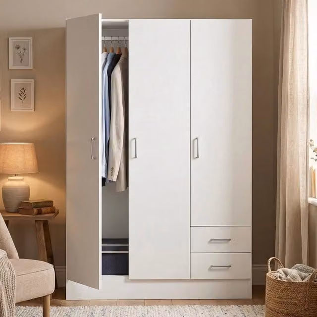 Armadio moderno Anci DMORA con 3 ante battenti e 2 cassetti, Bianco, L: 120 cm, P: 50 cm, H: 170 cm