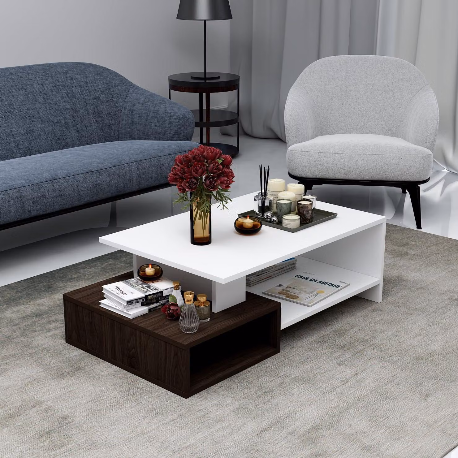 HOMIDEA Dux: Tavolino da caffè, tavolino per il soggiorno, tavolino da divano. Design moderno con ripiano (bianco/noce)