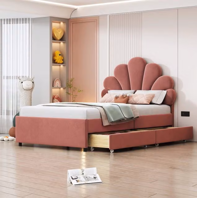 Letto imbottito 90x200 cm; 2 cassetti; velluto; rosa (Senza materasso)