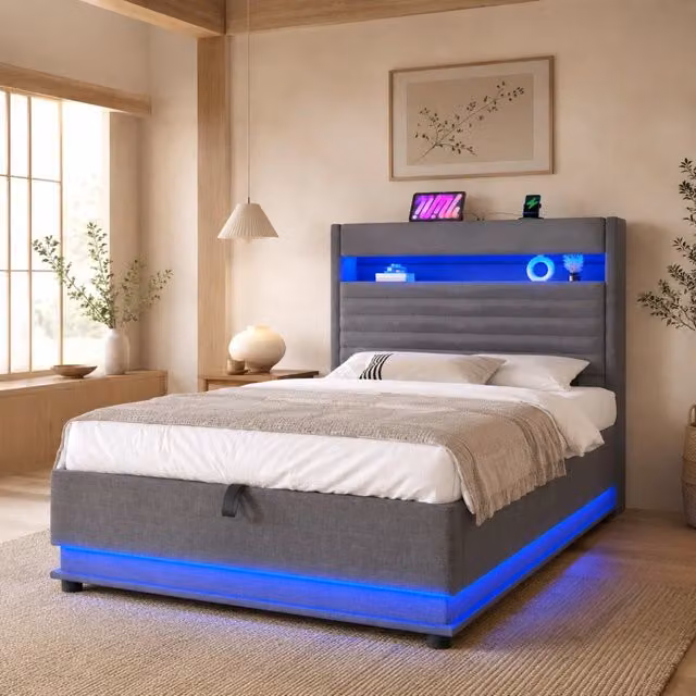 Letto imbottito 90x200 cm grigio con LED, USB/Type-C e vano contenitore idraulico