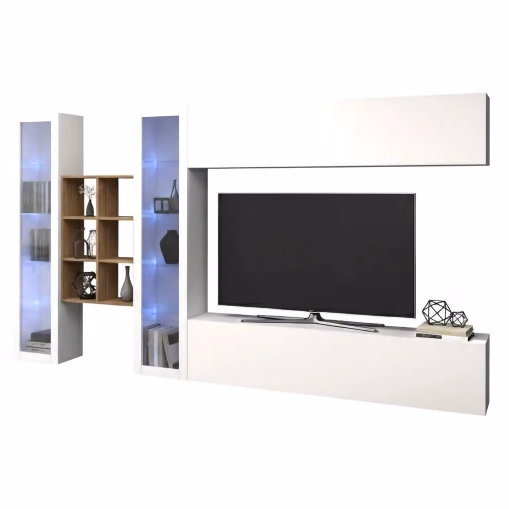 Parete Attrezzata Mobile Soggiorno Alezio DMORA Bianco Lucido L: 280 cm, P: 30 cm, H: 180 cm – 2