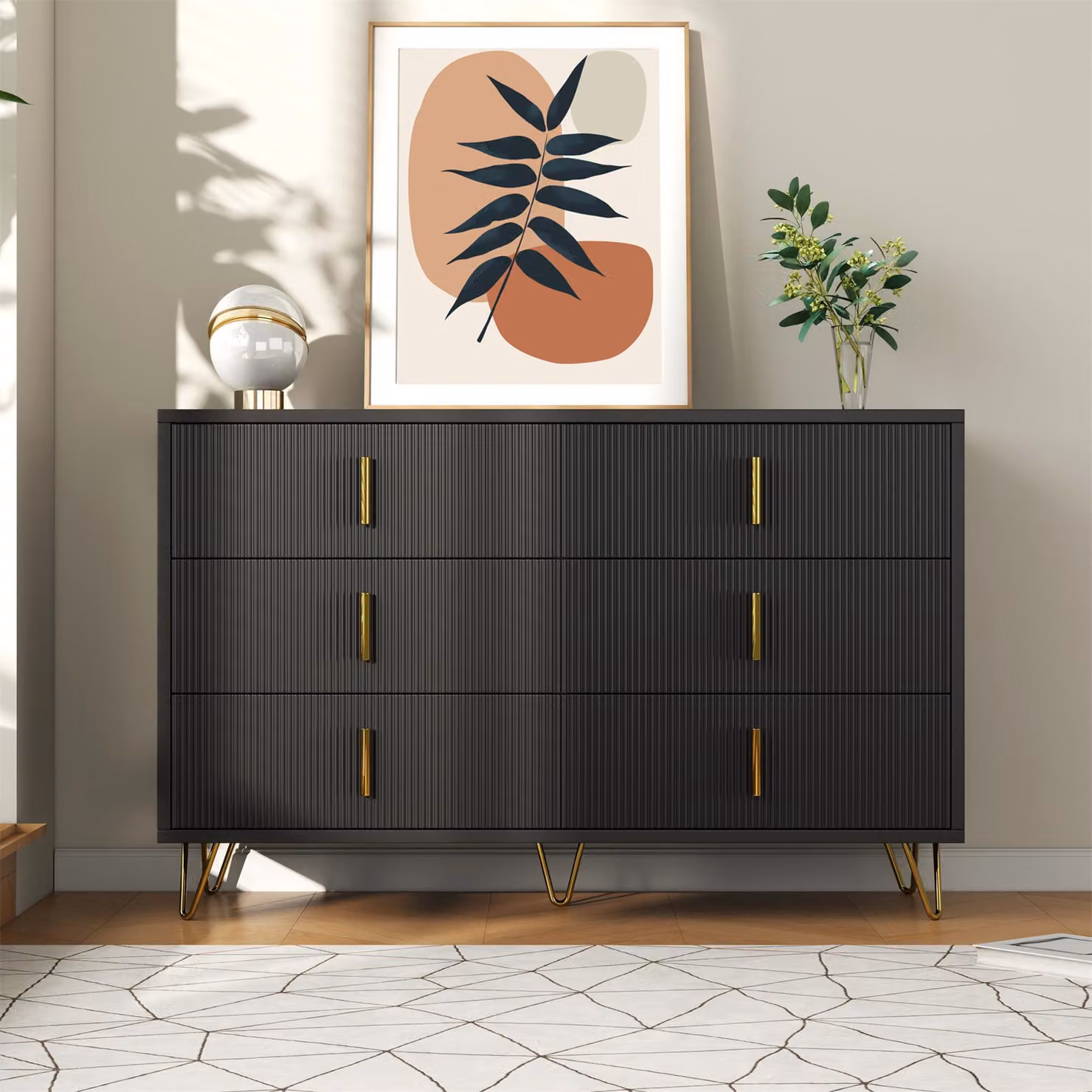 Credenza moderna GL Store con 6 cassetti, texture ondulata e dettagli oro, Nero+Oro, L: 120 cm, P: 40 cm, H: 77 cm – 2