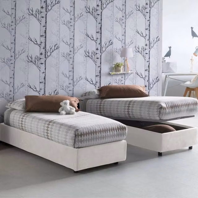 Letto singolo contenitore Aribal Talamo Italia con rivestimento in tessuto e materasso incluso, Bianco, L/P: 90 x 200 cm