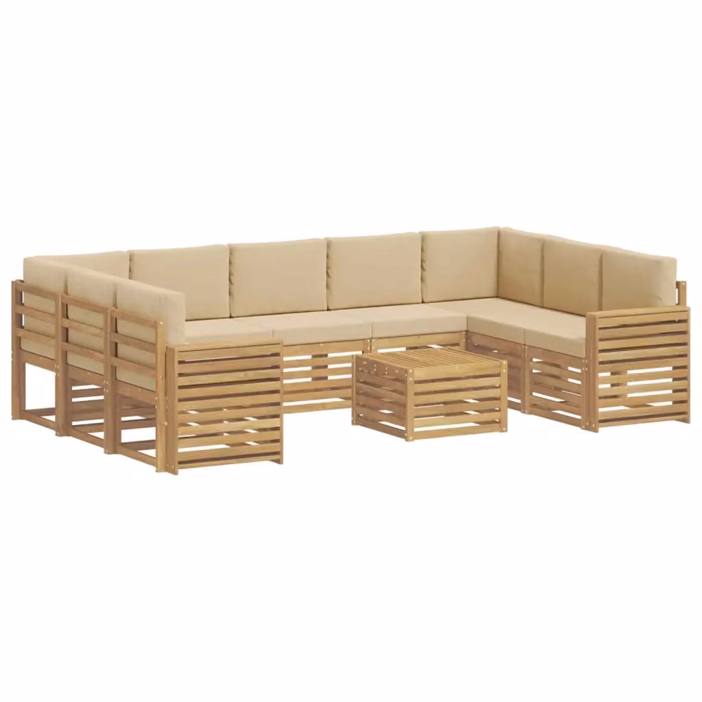 Set di divani da esterno vidaXL a forma di L con tavolo da caffè, composto da 10 pezzi in legno di acacia e tessuto resistente ai raggi UV, colore bianco e beige – 2