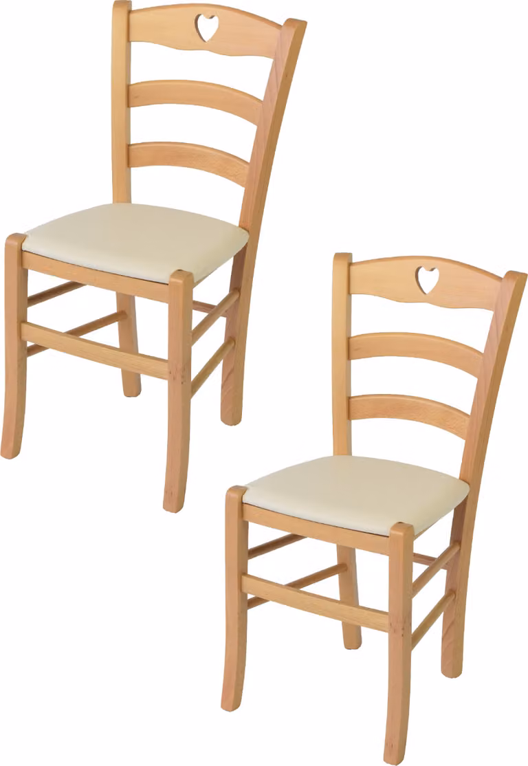 t m c s Tommychairs - Set di 2 sedie CUORE per cucina e sala da pranzo, Struttura robusta in legno di faggio laccato in colore naturale e sedile imbottito rivestito in Pelle finta in colore avorio