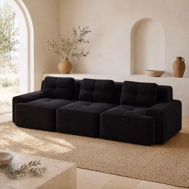 Divano modulare con seduta profonda 293x104x69 cm in velluto a coste nero