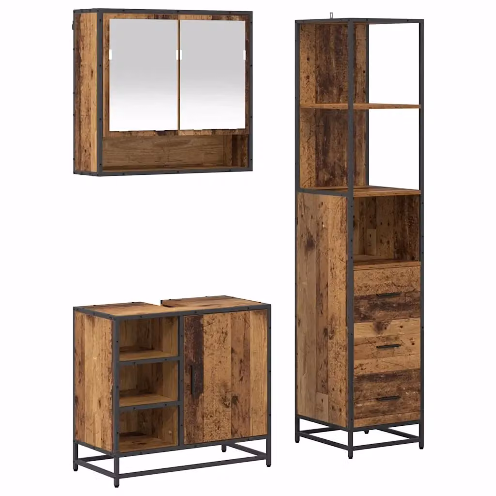 Set di mobili per il bagno vidaXL 3 pezzi in legno e metallo marrone stile minimalista con armadietto a specchio, mobile lavabo e colonna alta – 2