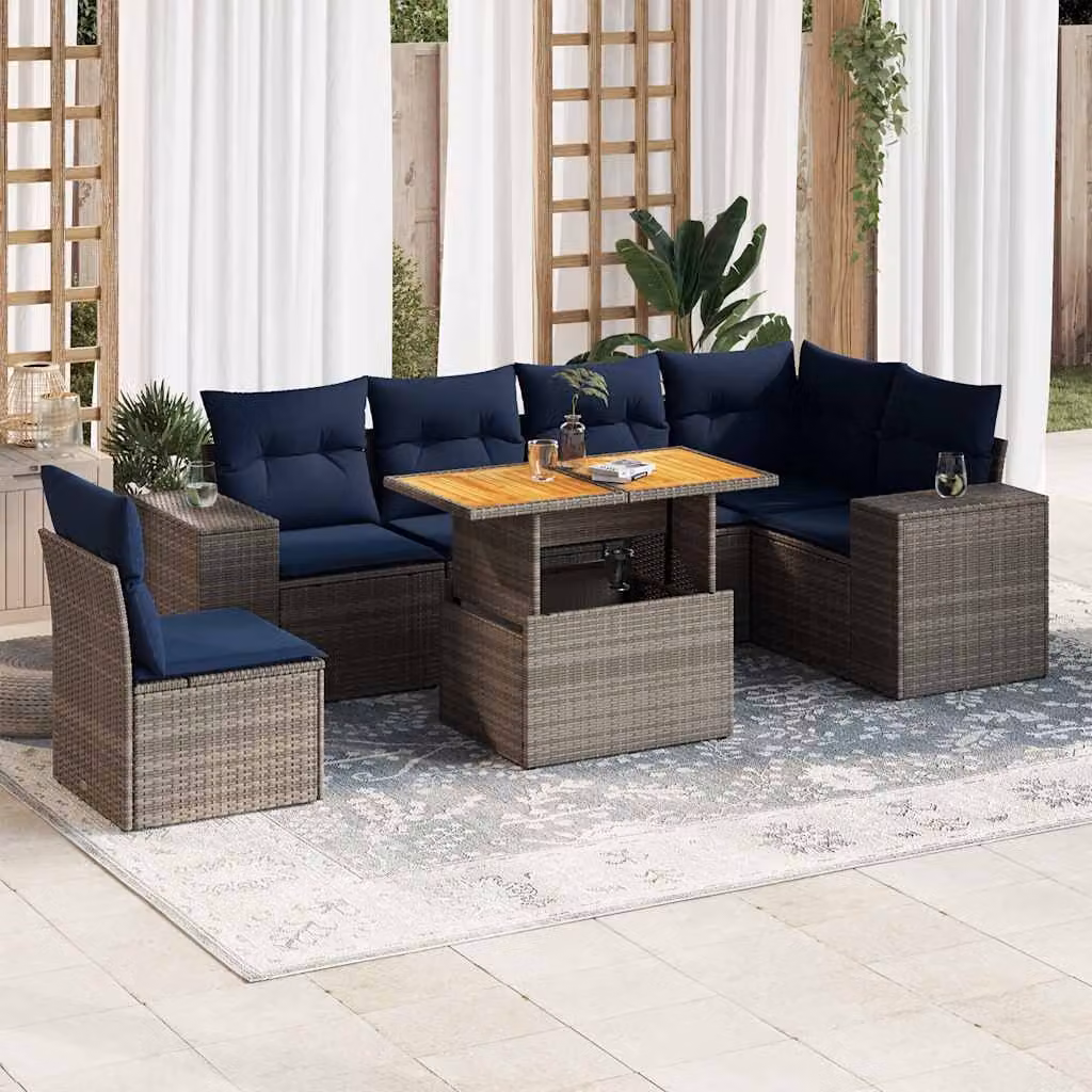 Set di divani da giardino vidaXL 7 pezzi con cuscini in polyrattan e struttura in acciaio, colore grigio e blu, design moderno a forma di U per esterno