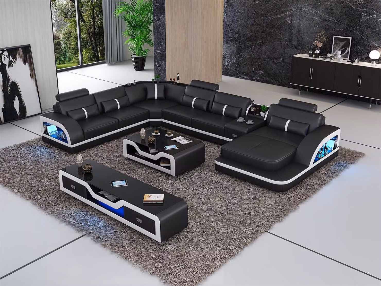 Ecksofa Schwarz mit Couchtisch 2tlg. Wohnzimmer Ledersofa Set Eckgarnitur Tisch