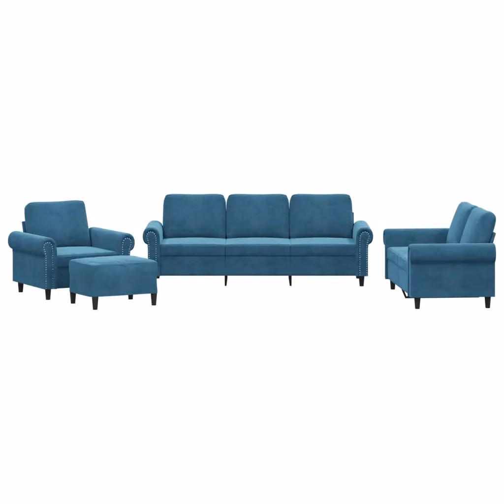 Set di divani moderno vidaXL in velluto blu composto da divano a 3 posti, divano a 2 posti, pouf e cuscini coordinati – 2