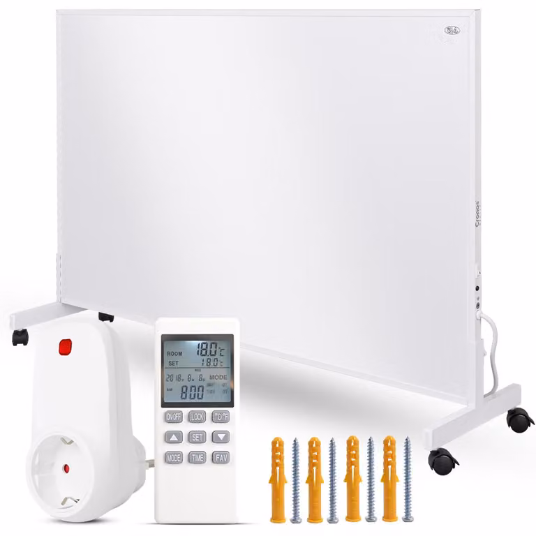 Set composto da pannello radiante a infrarossi CRONOS Carbon P800, colore bianco, e termostato con telecomando