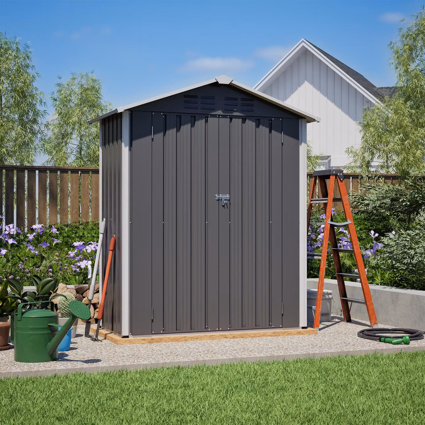 Capanno per attrezzi da giardino, dimensioni 154 x 83 x 180 cm, realizzato in lamiera d'acciaio zincata, dotato di aperture di ventilazione, base in metallo e porta con serratura, ideale per riporre attrezzi da giardino e biciclette, colore grigio