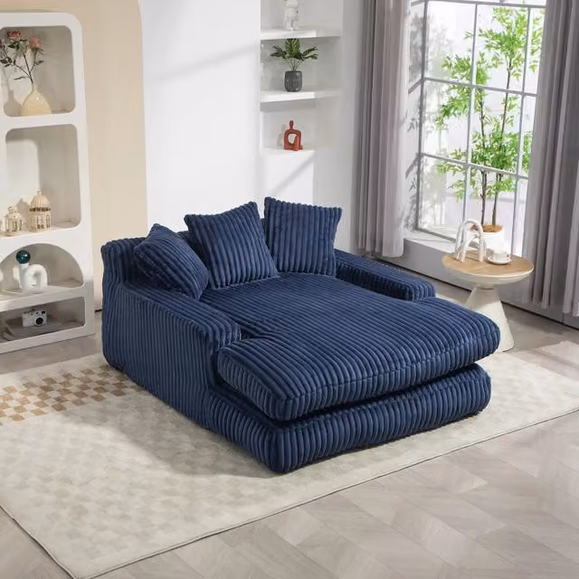 Chaise longue ampia da interno in velluto a coste con 3 cuscini schienale ergonomico blu navy 125 × 155 × 63 cm