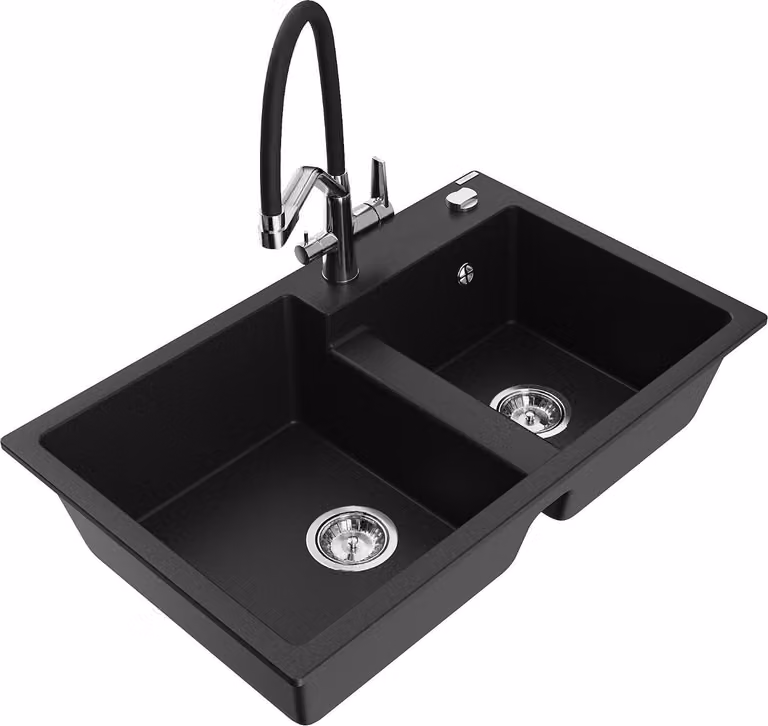 Mexen Tomas lavello in granito a 2 vasche con miscelatore Duo, nero - 6516-77-671701-07