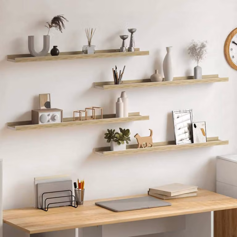 Set di 4 mensole da parete vidaXL in bianco e rovere sonoma, L: 80 cm, P: 9 cm, H: 3 cm