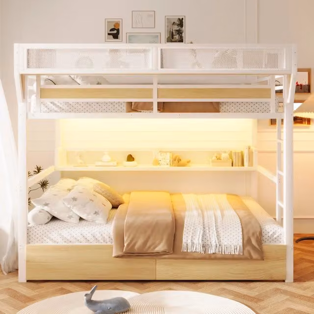 Letto a soppalco 140 × 200 cm 2 posti con 2 cassetti, LED regolabile e mensole, senza materasso, bianco