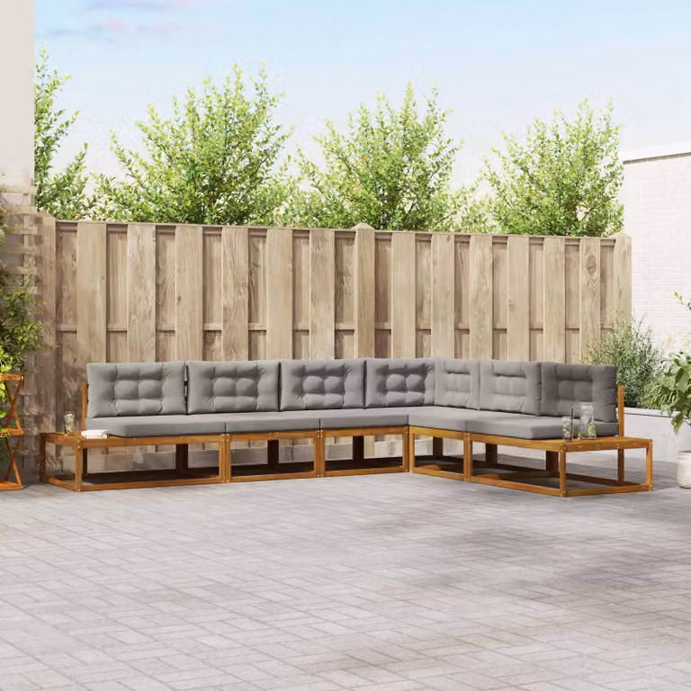Set di divani da esterno vidaXL a forma di L composto da 6 pezzi in legno di acacia con cuscini inclusi, colore grigio e marrone