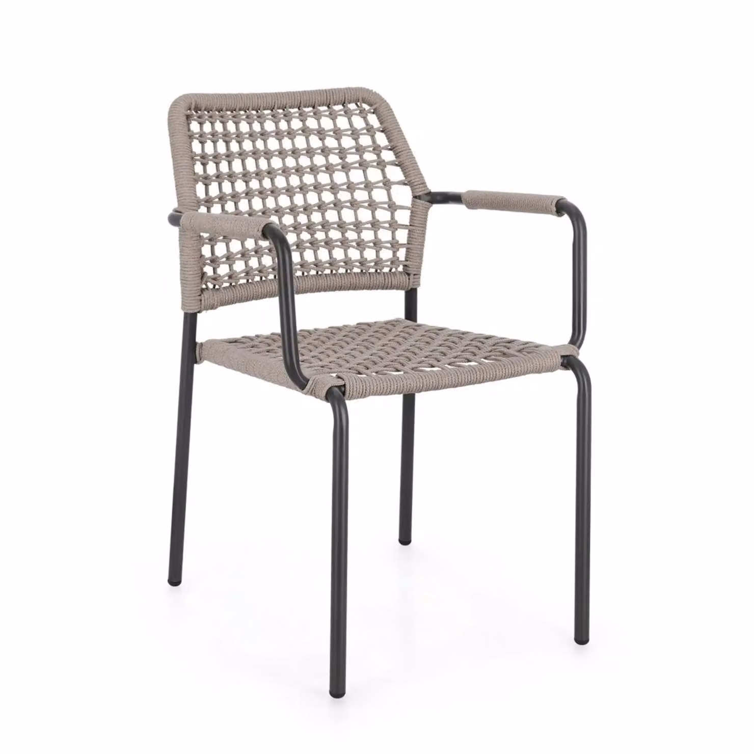 Set di 4 sedie con braccioli MIRANDA in alluminio antracite e corda beige, impilabili