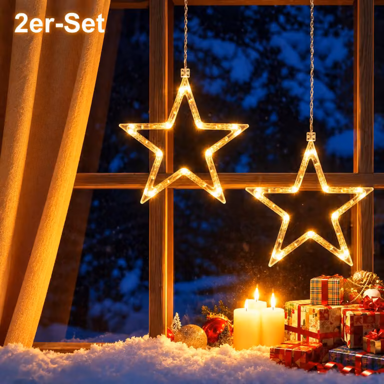 Set di 2 decorazioni a stella di Natale a LED per finestre, illuminazione natalizia con ventose, alimentata a batteria, 2 modalità di luce, timer 6/18 ore, luce bianco caldo 3600K, 10 LED, decorazione