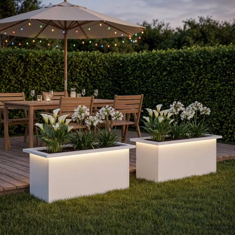 Set di 2 fioriere da giardino con LED vidaXL in acciaio, colore bianco, L: 60 cm, P: 30 cm, H: 30 cm
