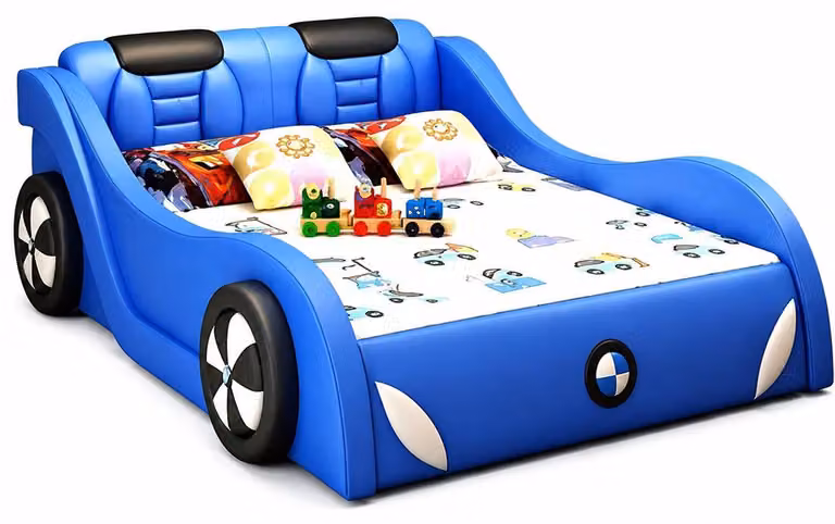 Letto per bambini a forma di auto, con illuminazione LED e dotato di ruote. Letto per bambini