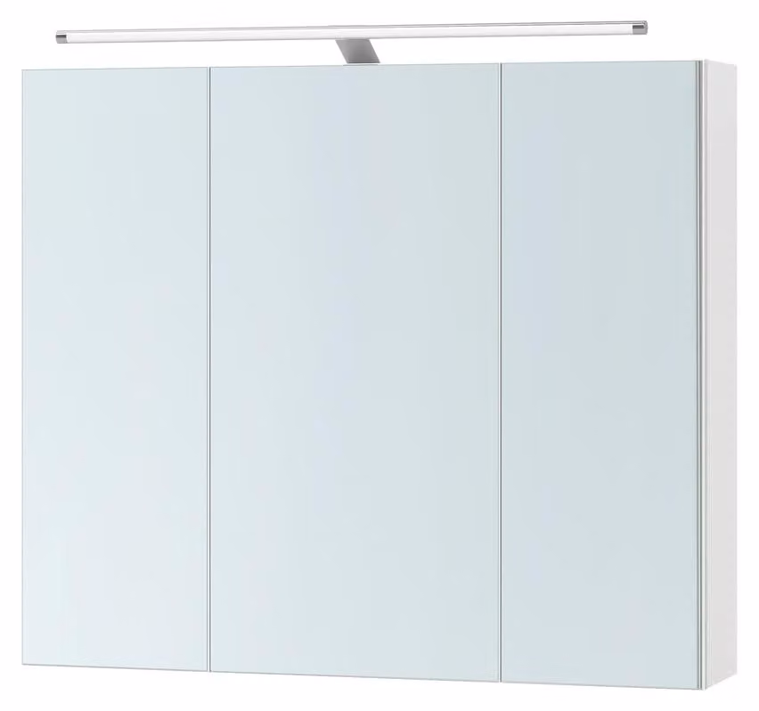 Mobiletto contenitore con specchio, dotato di ripiani regolabili e illuminazione. Colore: bianco. Dimensioni: 70x15x60 cm