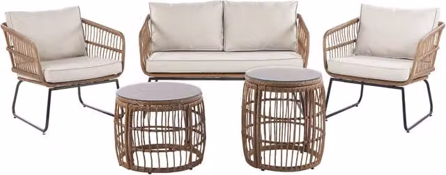 Set Divani da Giardino Beliani Beige con Cuscini e 2 Tavolini in Rattan Sintetico e Metallo