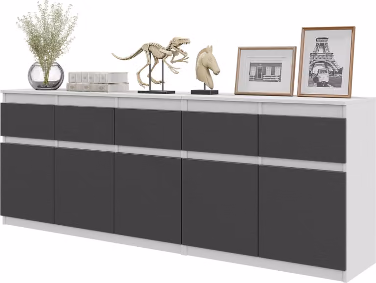 NOAH - Cassettiera con 5 cassetti e 5 ante - Cassettiera per camera da letto - Credenza - Bianco opaco / antracite H75cm L200cm P35cm