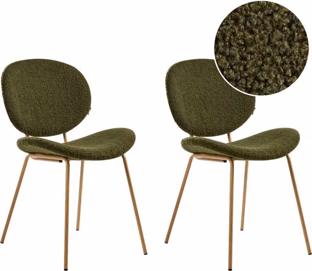 Set di 2 sedie Beliani in tessuto bouclé verde scuro con gambe effetto legno per sala da pranzo e cucina